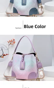 Close-up of gradient bucket bags featuring floral print and wide woven shoulder straps