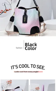 Detail of gradient bucket bag showing floral patterns and black leather strap textures