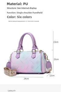 Detail view of a gradient purple floral Boston bag with PU leather and broad strap