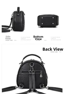 Detailed views of the black faux crocodile texture shoulder bag from side, back and bottom