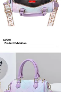 Detailed view of purple gradient bowling bag with star embossing and wide woven strap