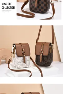Detail showing jacquard and monogram leather mini crossbody bags with gold metal clasps