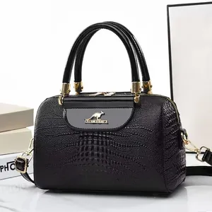 Women Crocodile Embossed PU Leather Handbag Top Handle Shoulder Crossbody Bag With Kangaroo Decor Retro Fashion Bucket Bag