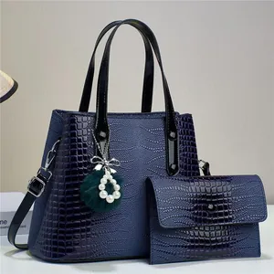Dark blue crocodile pattern tote bag and wallet set with decorative plush pendant