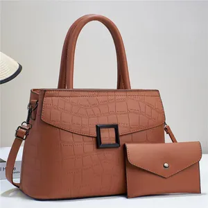 Brown crocodile texture handbag set with tote bag and matching envelope pouch