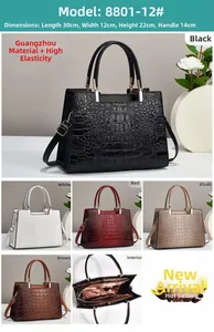 Detail view of crocodile pattern handbag showing various colors and internal layout