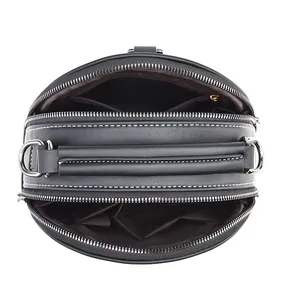 Black stylish multi-compartment shoulder bag with dual zipper design and silver metal accents