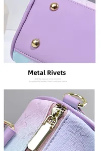 Detail of lavender leather handbag with gold studs and delicate heart patterns