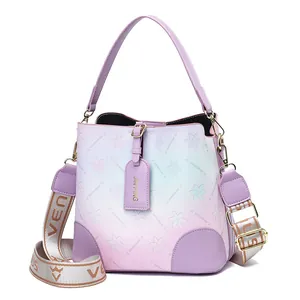 Women Gradient Rainbow Bucket Bag PU Leather Large Capacity Shoulder Crossbody Bag With Wide Letter Strap Floral Print Handbag