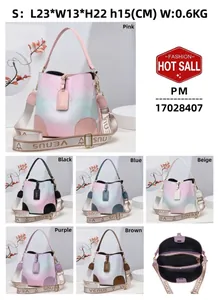 Gradient rainbow bucket bag with embossed leather texture and wide woven shoulder strap