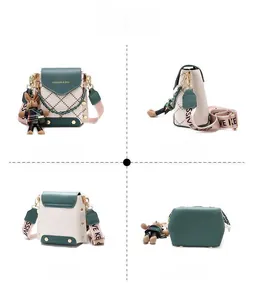 Detailed four-angle view of a mini beige and green crossbody bag with gold stud accents