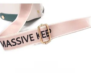 Detailed view of pink woven shoulder strap with gold metal buckle and artistic text
