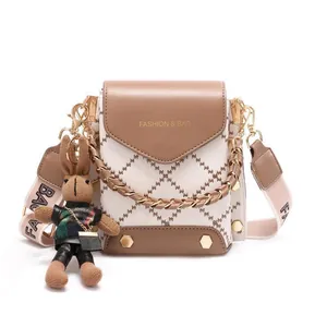 Mini color-block crossbody phone bag with chain handle and cute rabbit pendant