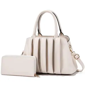 Chic beige ruched cloud tote bag and matching long zipper wallet set with gold hardware