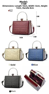 Detail view of steel frame handbag showing 18x12x13cm size with rivet design and inner pockets