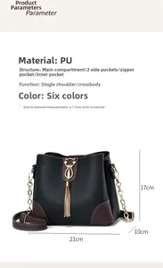 Detailed size guide for black PU leather bucket bag with cat shaped lock and fringe