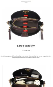 Detail view of bucket bag interior showing multiple storage pockets and compartments
