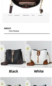 Detail of multi-color PU leather bucket bags with metal cat tassel and spacious interior