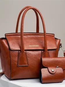 Set borse 3 pezzi in pelle PU caramello con borsa grande, pochette e portamonete
