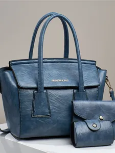 Set da 3 pezzi di eleganti borse in ecopelle blu con dettagli dorati e grande capienza