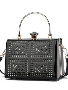 Women's Elegant Patent Leather Evening Bag With Rhinestone Buckle Rivet Letter Pattern Round Metal Handle Party Handbag