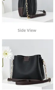 Detailed view of women's bucket bag showing side profile and textured leather finish