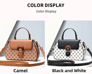 Detail view of printed clover pattern handbags in camel and black-white color options