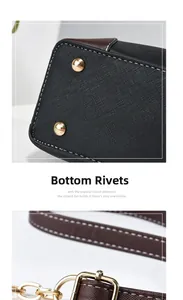 Detail showing bottom rivets and golden metal chain strap on textured leather bag
