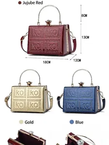 Elegant hollow-out evening clutch bag with gemstone clasp and metal handle in three colors