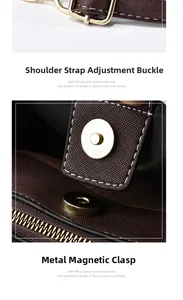 Detail view of dark brown Saffiano leather strap with gold buckle and magnetic snap closure