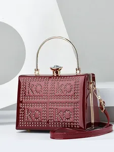Wine red patent leather box bag with gold rivets and rhinestone clasp for women
