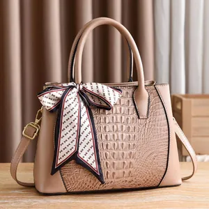 Chic beige crocodile pattern handbag with large capacity and letter print silk scarf