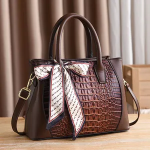 Fashion Women Crocodile Embossed PU Leather Handbag With Scarf Large Capacity Shoulder Crossbody Tote Bag Designer Style