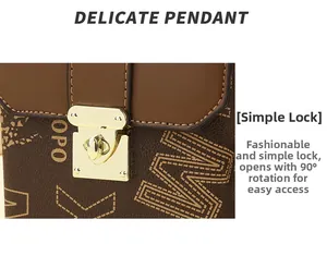 Detail of a mini square bag with golden 90-degree rotating lock and monogram texture