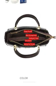 Detailed internal structure of the black leather handbag with multi-pocket compartments