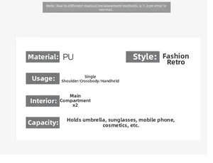 Detailed specifications of PU leather crossbody bag showing dual main compartments and capacity
