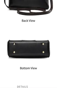 Detailed back and bottom view of black leather handbag featuring gold metal protective feet