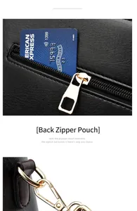 Detail view of black leather bag featuring a smooth rear zipper pocket and gold hardware