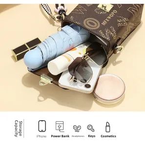Internal capacity of the dark brown patterned mini crossbody bag for phone and umbrella