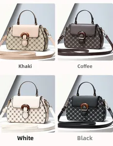 Detailed grid showing four colors of a printed handbag with horseshoe buckle decor