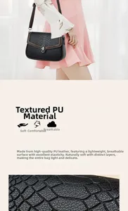 Detail of black crocodile texture PU leather shoulder bag with metallic buckle closure