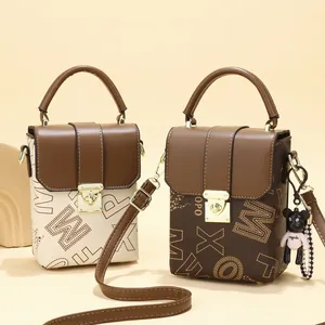 Vintage mini PU leather crossbody bags with monogram print and cute bear pendant charm