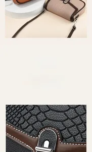 Detail of silver twist-lock closure on two-tone faux crocodile leather crossbody bag