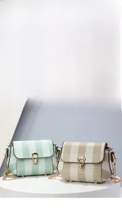 Détails de sacs bandoulière rayés avec fermoirs en métal doré et bandoulière chaîne