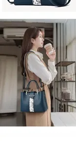 Detail of dark blue leather handbag with snake pattern texture and crossbody strap