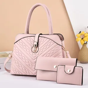 Ensemble de 3 sacs à main en cuir PU matelassé rose avec bandoulière et métal doré