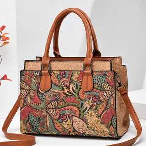 Bohemian cork leather handbag with ethnic prints and adjustable shoulder strap