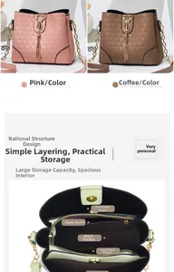 Detailed view of bucket bag interior compartments with pink and brown color options