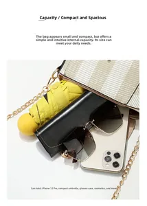 Vue détaillée de la capacité du sac à chaîne montrant téléphone et accessoires