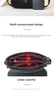 Detail view of black litchi leather crossbody bag interior showing five functional pockets
